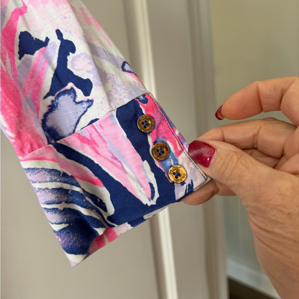 Lilly Pulitzer Long Sleeve Abstract Floral Tunic — Pink, Navy, Light Gray. - Picture 2 of 7